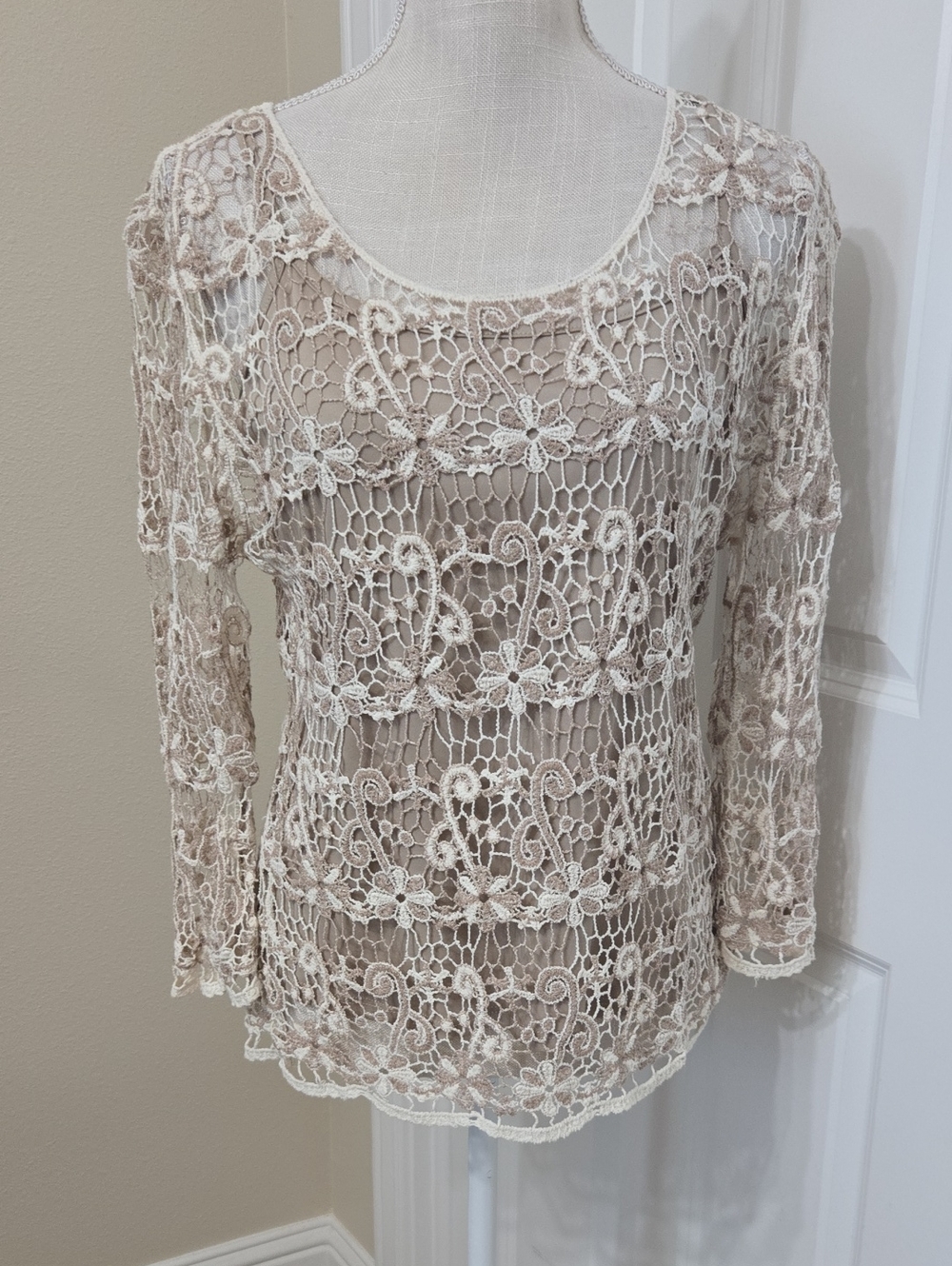 Adiva Cream Crochet Lace Long Sleeve Tunic With Cami Top Sz M New with Tag